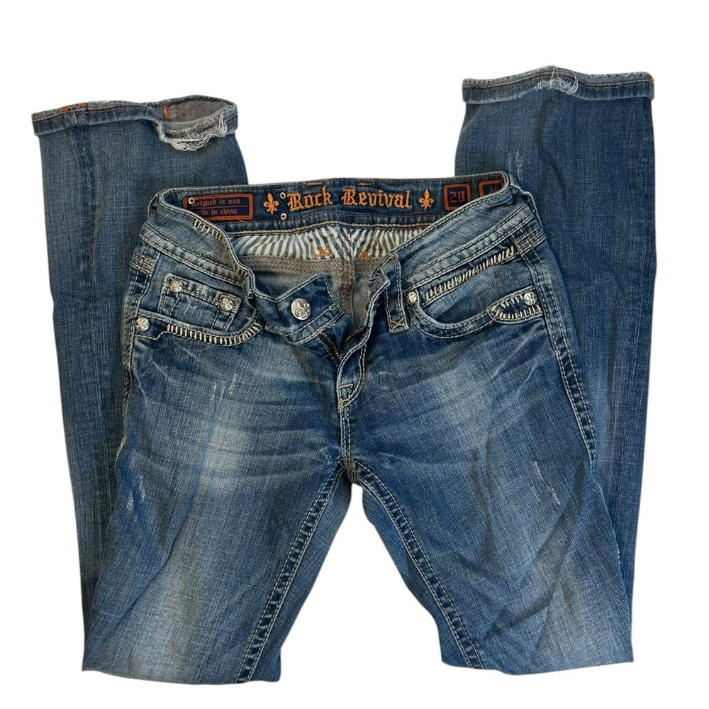Rock Revival Alanis Bootcut Jeans Blue Distressed Stitch 28
